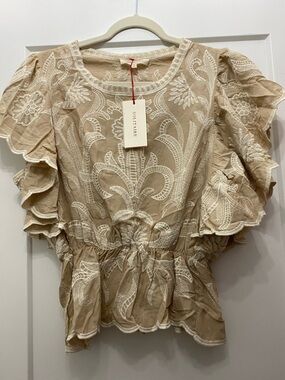Solitaire Beige Cream Embroidered Ruffle-Sleeve Blouse